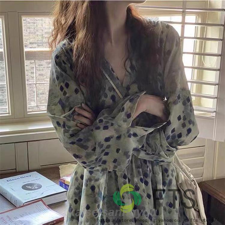 安い商品 今日だけ ロングワンピース レディース 長袖 柄物 おしゃれ きれいめ Vネック シフォン 春夏 秋コーデ 上品 デート カジュアル 旅行 可愛い 大人 3枚購入で350円OFF