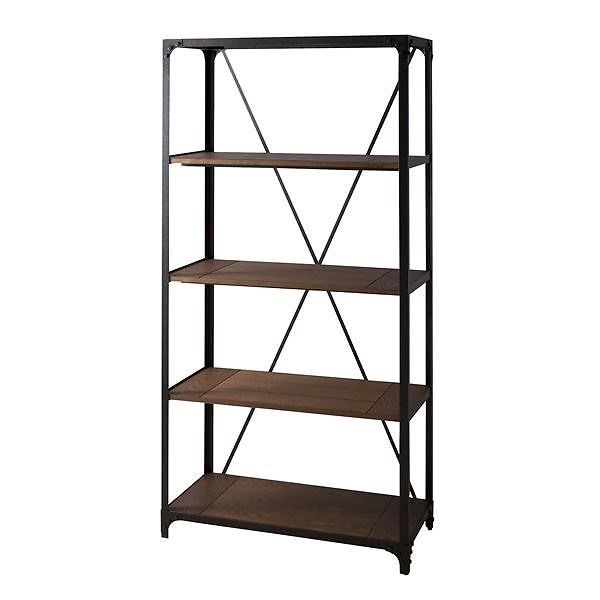 天然木オープンラック/収納棚 4段 ハイタイプ ブラック 幅91cm スチールフレーム アジャスター付き DIS-938BK