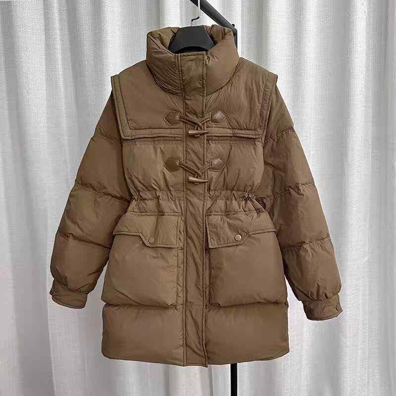 秋服 レディース ファッション オシャレ カワイイ シンプル 大人カワイイ 大きいサイズ ウエスト ホーンボタン ミドル丈 綿服 スリム コットン ジャケット ダウン スタンドカラー ジャケット