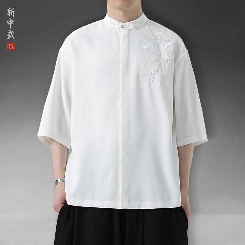 メンズ トップス 夏 チャイナ風 男性 薄手 刺繍 シャツ 大きい スタンドカラー 七分袖 ビーズ ボタン 通気 吸湿 カジュアル シングルブレスト 涼感 軽量