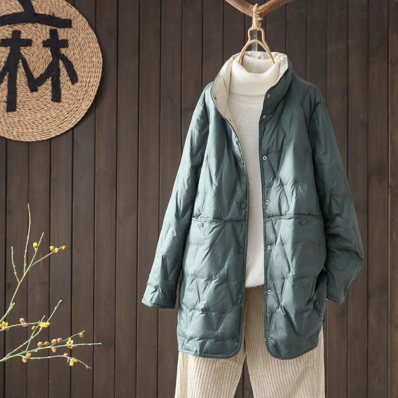 クロスボーダー秋冬両面ダウンジャケットレディースミディアム丈ホワイトダックダウン200斤マザープラスサイズファットMMコートトレンド