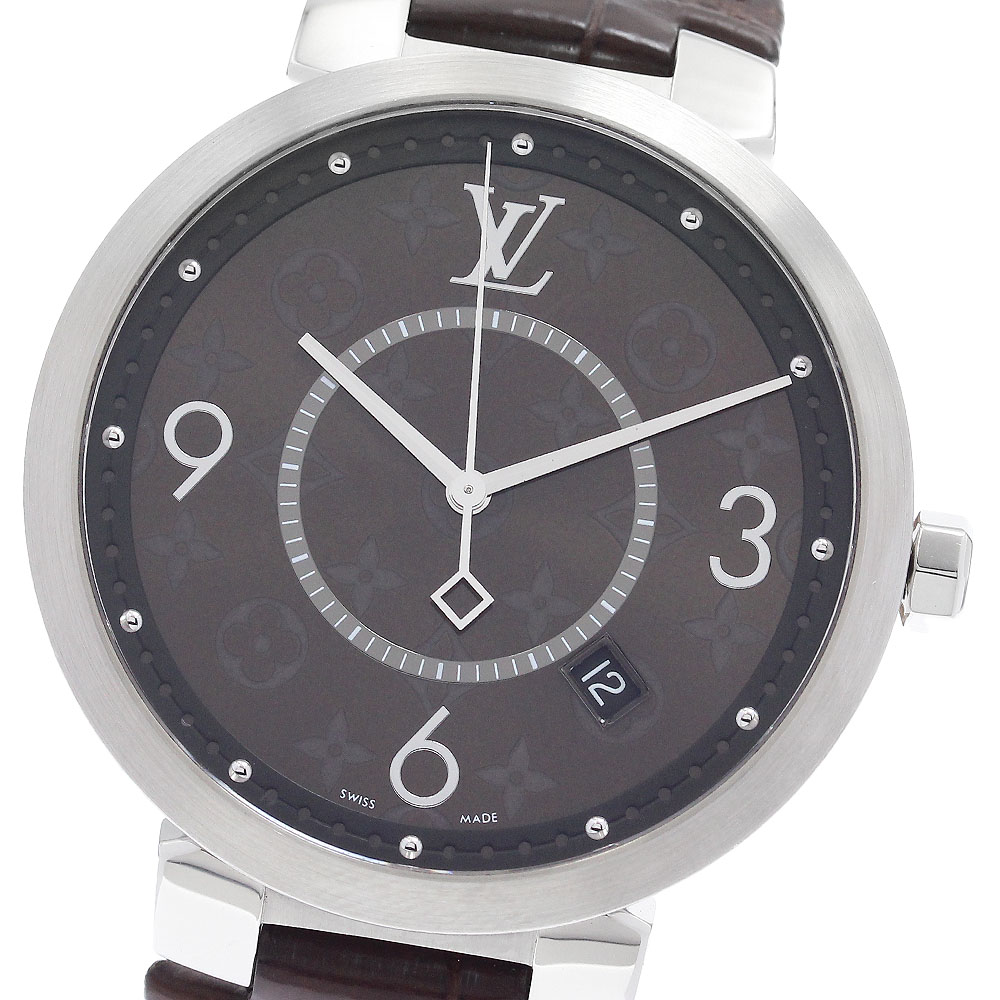 ルイ・ヴィトン LOUIS VUITTON QA005 タンブールスリム モノグラム デイト クォーツ メンズ 箱・保証書付き_892406【中古】
