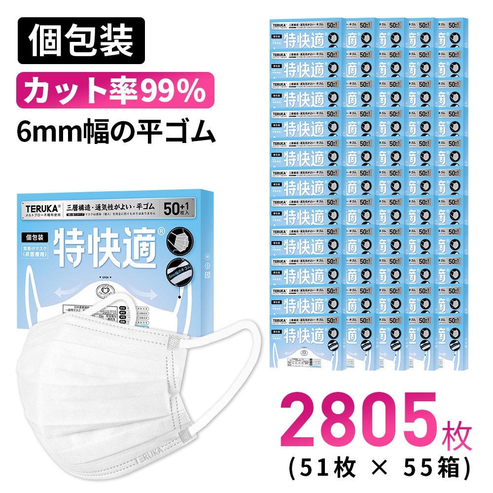 55箱セット2805枚　 6mm平ゴム 不織布マスク 個包装 大人用 50+1枚*55箱 中学生用 使い捨て耳が痛くなりにくい