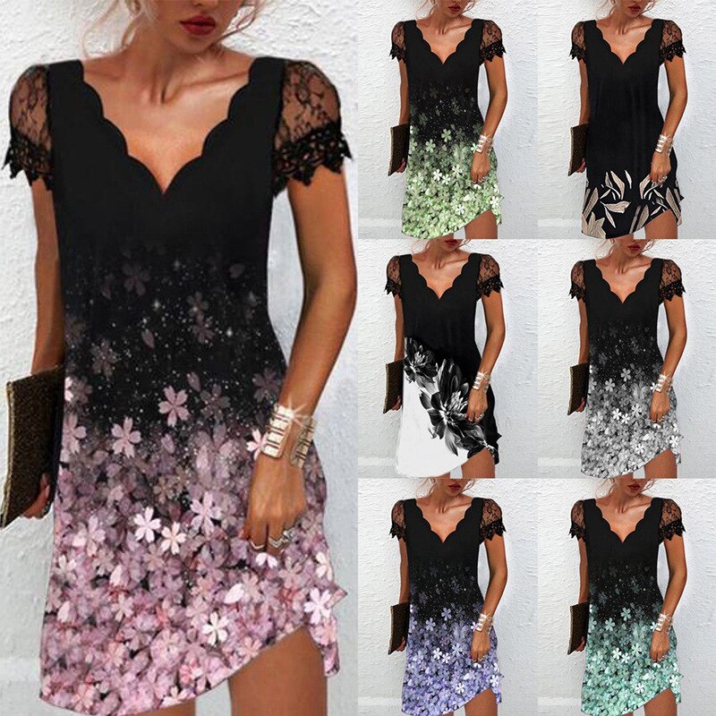 レディースウェーブネックレースパネル半袖ドレス 5,283円