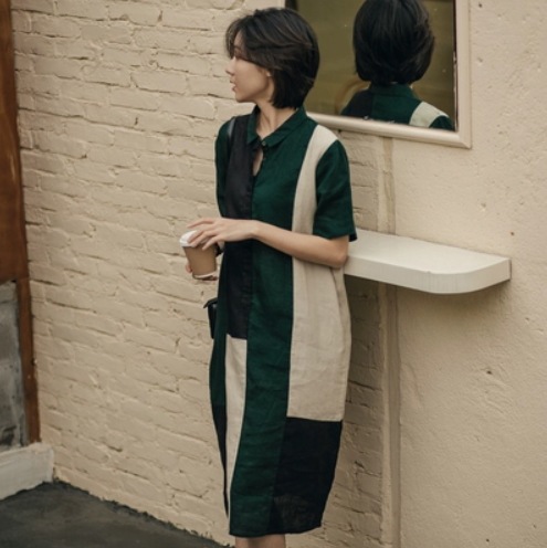 シャツワンピース ミディアム丈 袖あり 半袖 襟あり パッチワークデザイン ストレート かわいい 大人可愛い 上品 おしゃれ ラブリー キュート ガーリー 主役級 存在感 10代 20代 30代