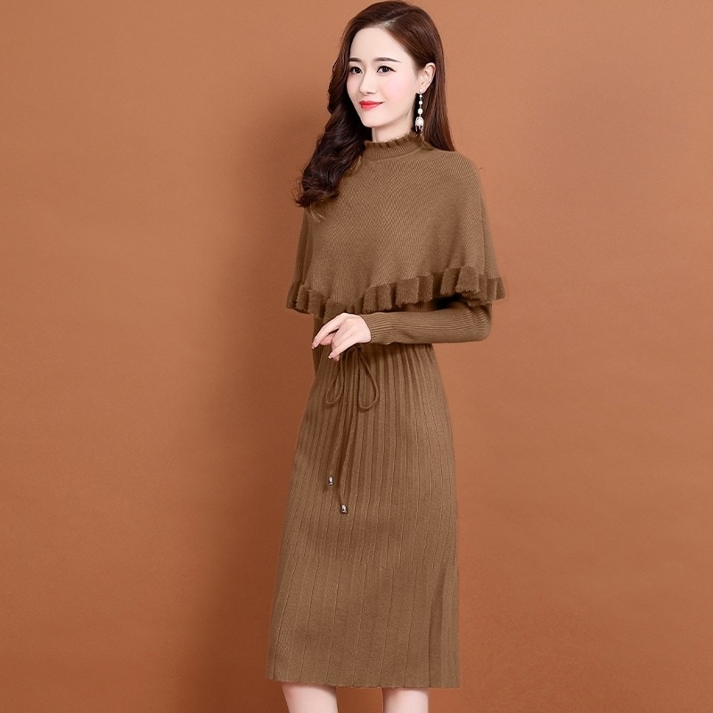 ワンピース ケープ ニットワンピース 膝下 ミモレ ミモレ丈 袖あり 長袖 Vネック Iライン リボン ウエストリボン リブ ボタン 2点セット ツーピース かわいい 大人可愛い きれいめ シンプル