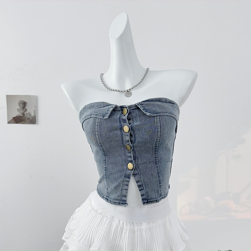 【1点ご購入 で10点プレゼントいたします】ギャルのセクシーなワンショルダー胸つきデニムベスト女夏2025純欲風シングルバックル開きフォークショート丈トップス