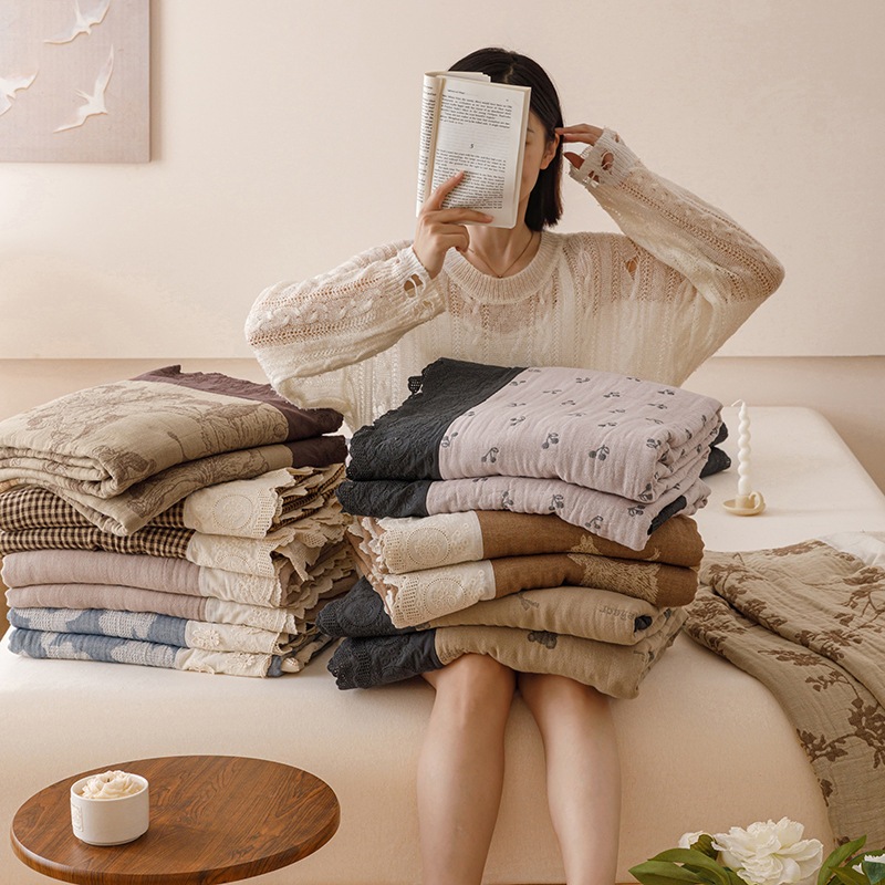 記念品 軽量ブランケット 敬老の日 プレゼント レース付き全綿四重ガーゼ織りベッドカバーベビー・マタニティグレード両面使用可能ブランケット