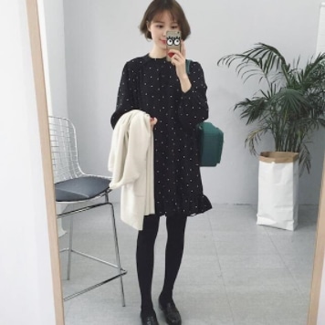 フィッシュテールワンピース トップス フェミニン ブラック 黒 袖あり 長袖 スタンドカラー