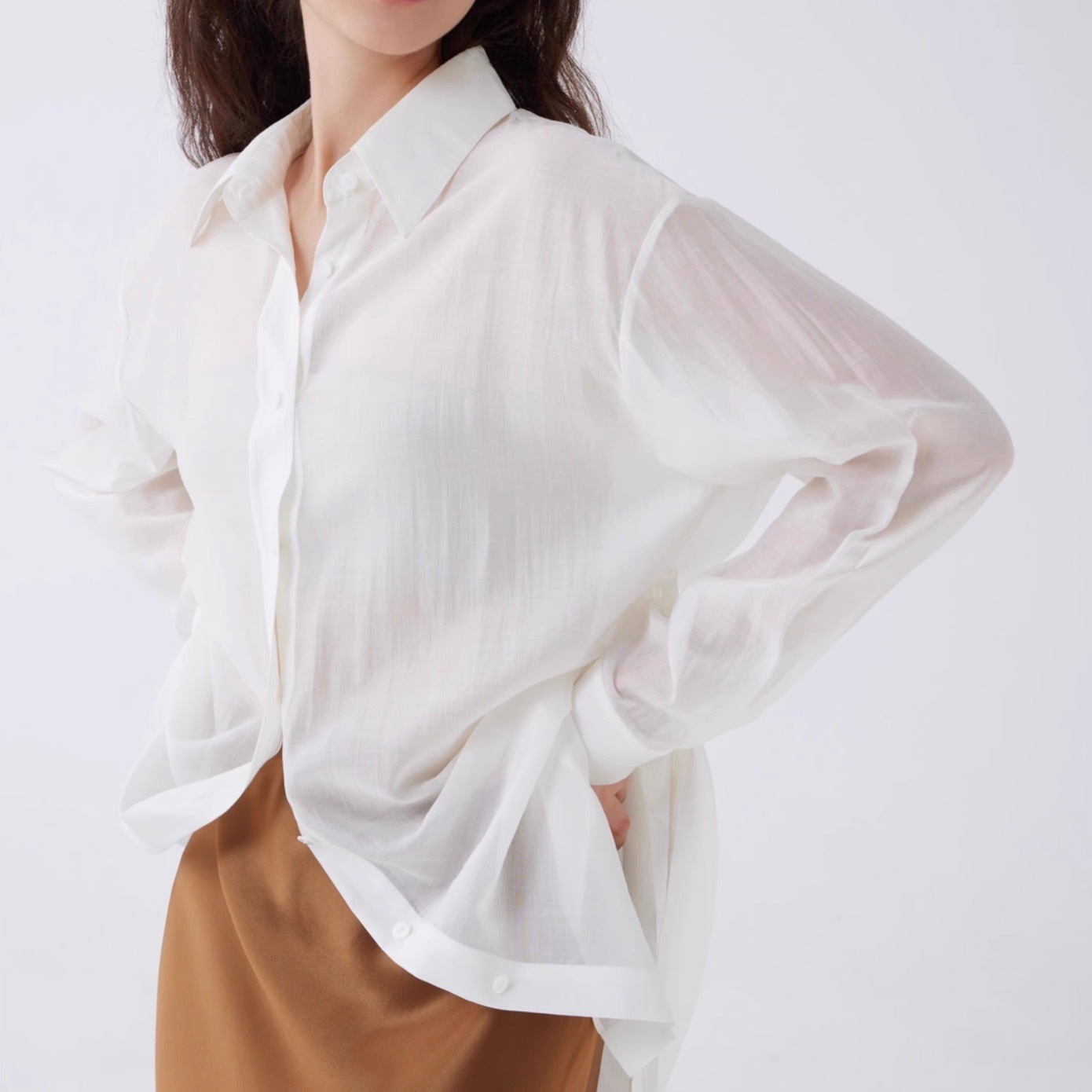 レディース トップス シャツ ブラウス デート ロング ロング丈 袖あり 長袖 襟付き セミフレア スマート 前開き 透け感 シースルー 伸縮性 薄手 かわいい 大人可愛い きれいめ シンプル