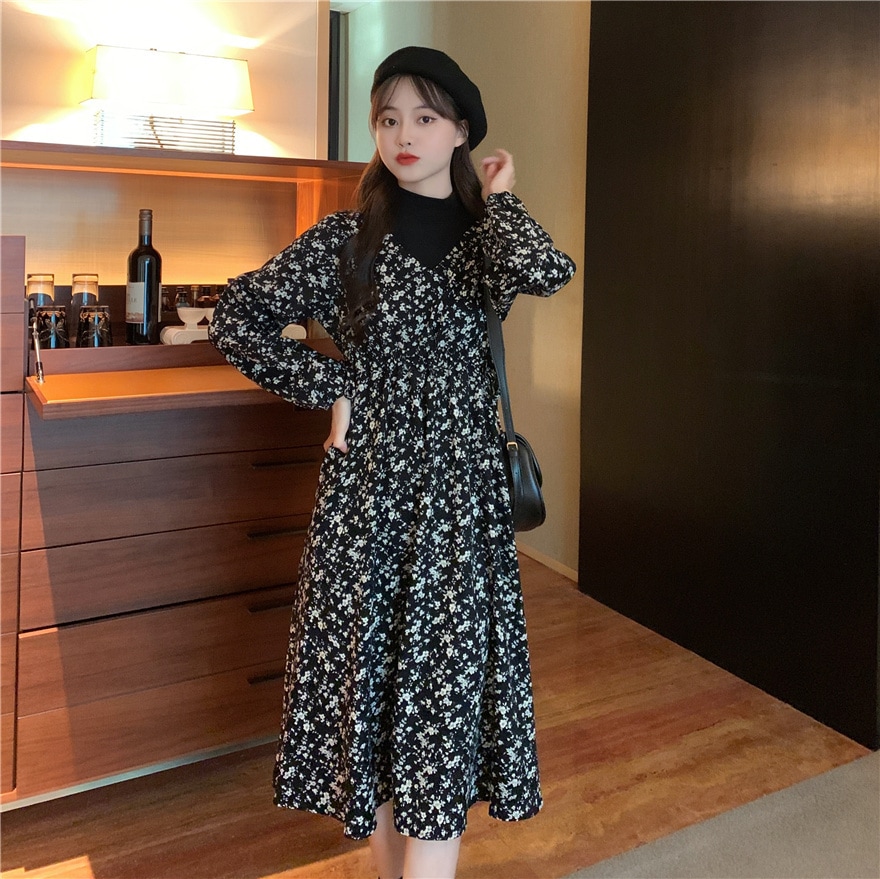 花柄ワンピース ブラック ワンピース ロング スリム 細身 ストレート スマート かわいい きれいめ 5,057円