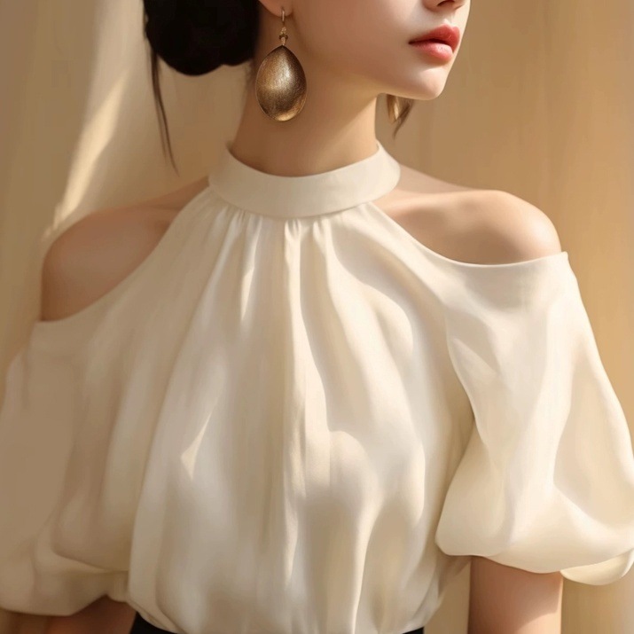 トップス シャツ ブラウス ホルダーネック プルオーバー 半袖 ボリューム袖 ミディアム丈 かわいい 大人可愛い きれいめ シンプル 上品 おしゃれ かっこいい カジュアル こなれ感 個性的 主役級