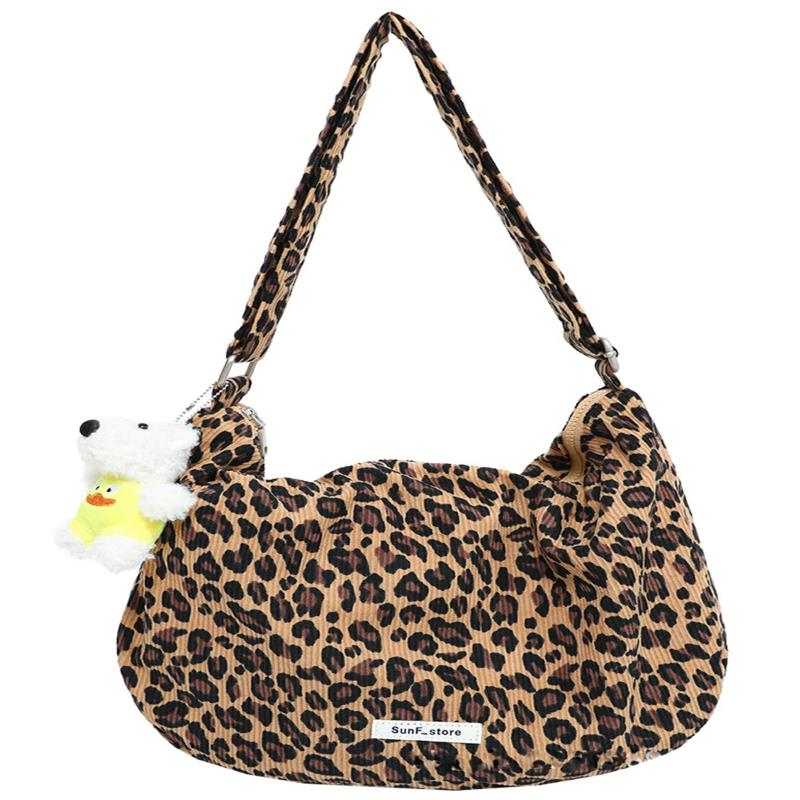 [ＪＱＢＦＬ] ヒョウ柄 コーデュロイ ショルダーバッグ 斜め掛けバッグ レディース 大容量 大きめ A4対応 学院風 通学 肩掛けバッグ 韓国カバン ファスナー付き ハンドバッグ 3way ドット柄