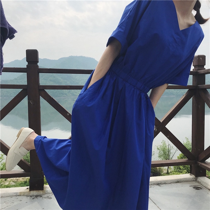 ワンピース ロングワンピース シャツワンピース 半袖 Vネック ポケット ウエストマーク ウエストゴム フレアスカート かわいい 大人可愛い きれいめ シンプル 上品 おしゃれ かっこいい カジュアル