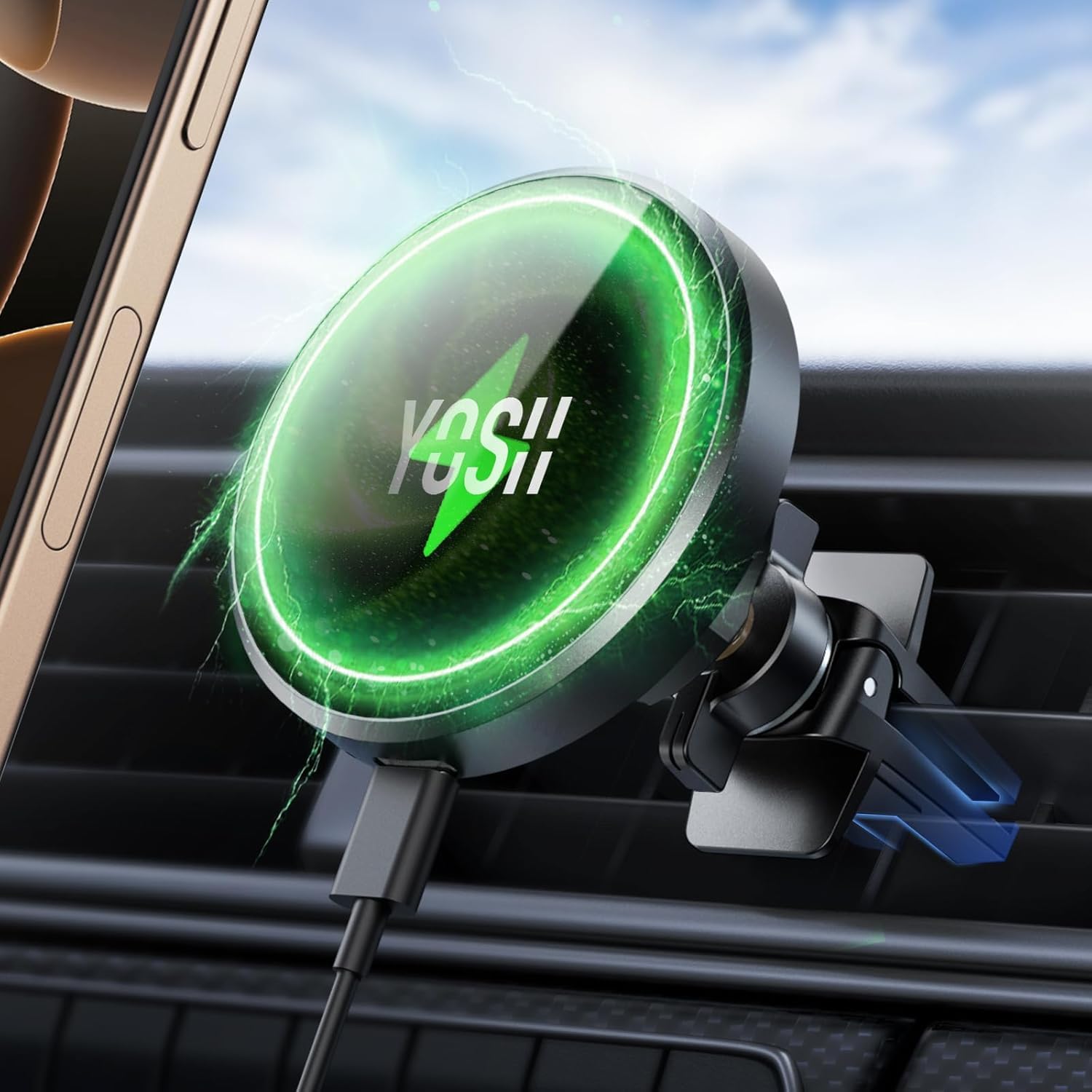 YOSH スマホホルダー 車 ワイヤレス充電 Mag-Safe マグネット 対応 15W急速充電 超強力磁 石搭載 マグセーフ充電器 車 スマホ 充電 マグセーフ スマホスタンド 360度回転 エア