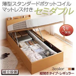 [組立設置料込み]国産 跳ね上げ収納ベッド [Freeda]フリーダ [薄型スタンダードポケットコイルマットレス付き] 縦開き セミダブル 深さレギュラー [フレーム色]ナチュラル