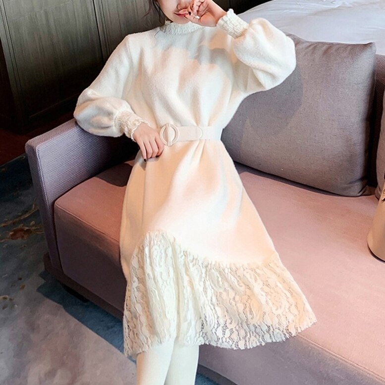レースステッチ長袖ニットワンピース ワンピース ひざ丈 ミディアム丈 長袖 ボリューム袖 パフスリー