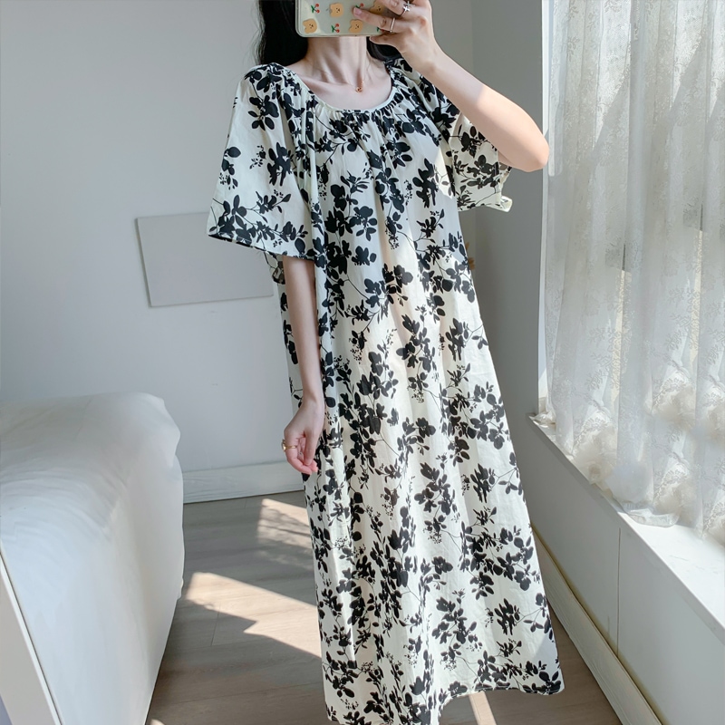 夏 マタニティ ヴィンテージ プリント 半袖ドレス 韓国 ゆったり ママ 妊婦 花のスカート ワンピース フレアスカート ミモレ丈 ロング 半袖 ボリューム袖 Uネック セミフレア ストレート