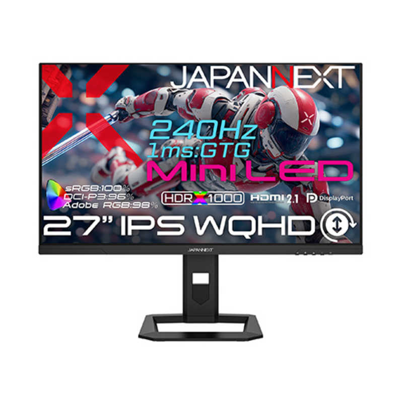 27インチ IPS Mini LEDバックライトWQHDゲーミングモニター HDMI2.1 DP 1ms sRGB：100％ DCI-P3：96％　JN-IPSM27G240Q-HSP