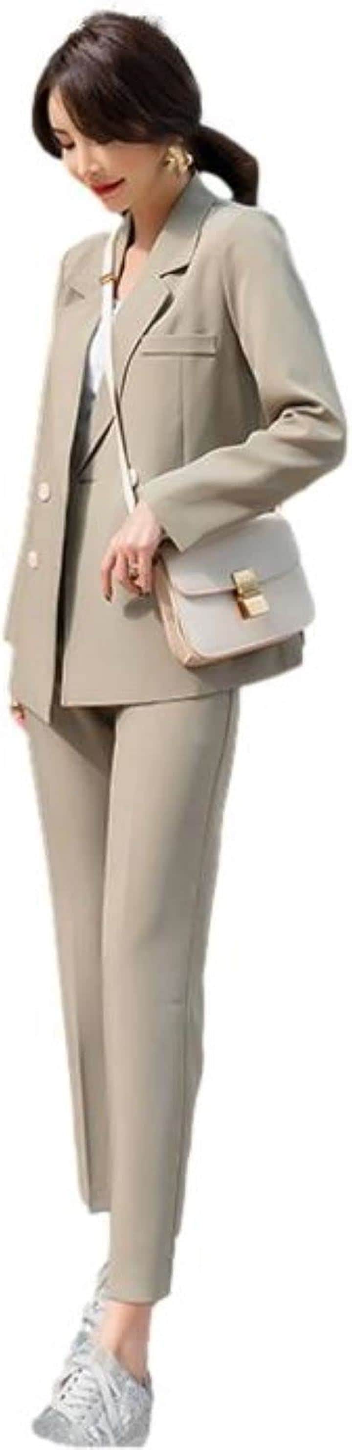 カジュアルスーツ 上下セット 足首スッキリ 9分丈パンツ 長袖 セレモニー 洗える きれいめ スリム スラックス お呼ばれ アウター ビジネススーツ ポリエステル(ベージュ, S)