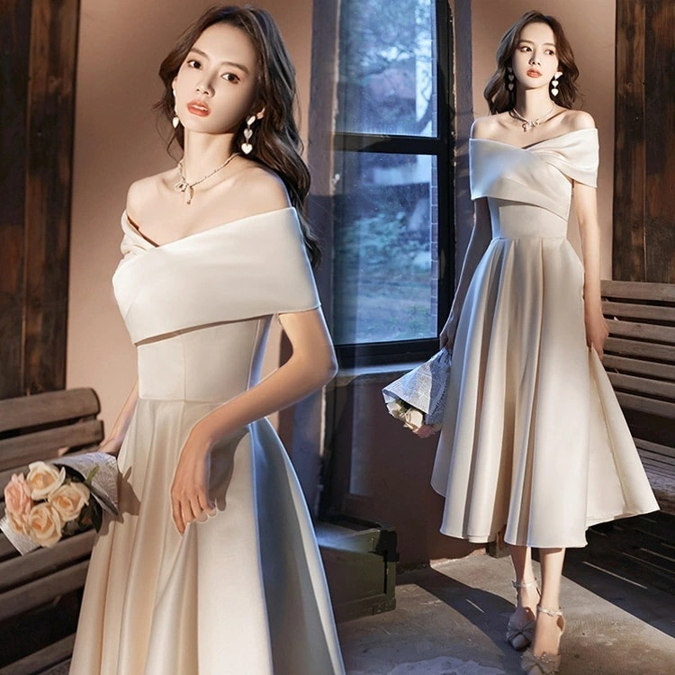 結婚式ドレス 二次会ドレス オフショルダー サテン ドレス ミディアム丈 ゲストドレス ワイン赤 シャンパン色 ロングドレス パーティードレス 発表会ドレス Aライン Vネック XS S M L XL