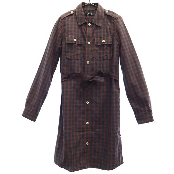 チェック 長袖 シャツワンピース XS レッド×ネイビー レディース