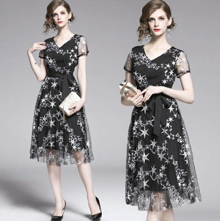 【即納】結婚式 ドレス ワンピース 二次会 フォーマル 膝丈 パーティードレス 星柄 刺繍 ブライズメイド パーティドレス 結婚式 ワンピース ドレス フォーマル 二次会 パーティー 30代 40代