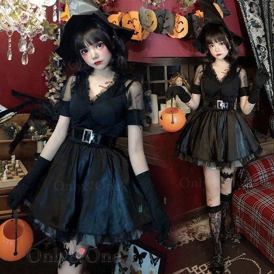 ハロウィン仮装 魔女 コスプレ衣装 ウィッチ コスチューム ワンピース 帽子 手袋 ベルト 4点セット おすすめ 人気