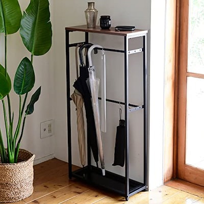 他サイト： [山善] 傘立て (傘かけ) 玄関 スリム 【70cm傘対応】 幅50奥行20高さ103cm S字フック3個 2段 バーの奥行が変えられる(3段階) 組立品 ダークブラウン/マットブラック RUSの商品画像