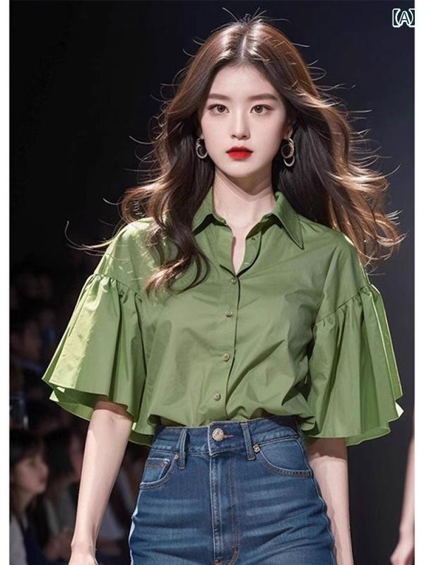 レディース ファッション フランス ユニーク トップスス 夏 トップスス グリーン ベルスリーブシャツ