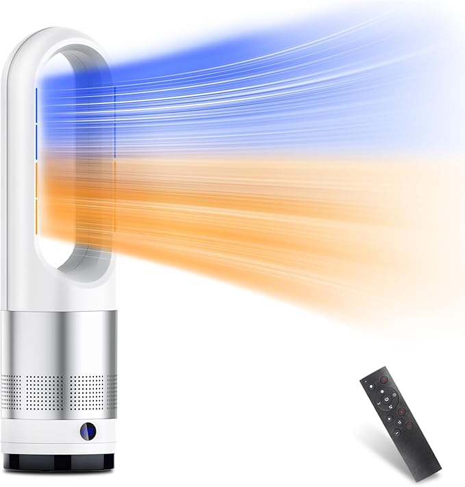 セラミックヒーター 羽なし タワーファン 温風 送風 3段階温風＆8段階送風切替 100自動首振り 9Hタイマー 静音 扇風機 羽なし 強風＆微風モード 大風量速暖リモコン付 転倒自動OFF 過熱保