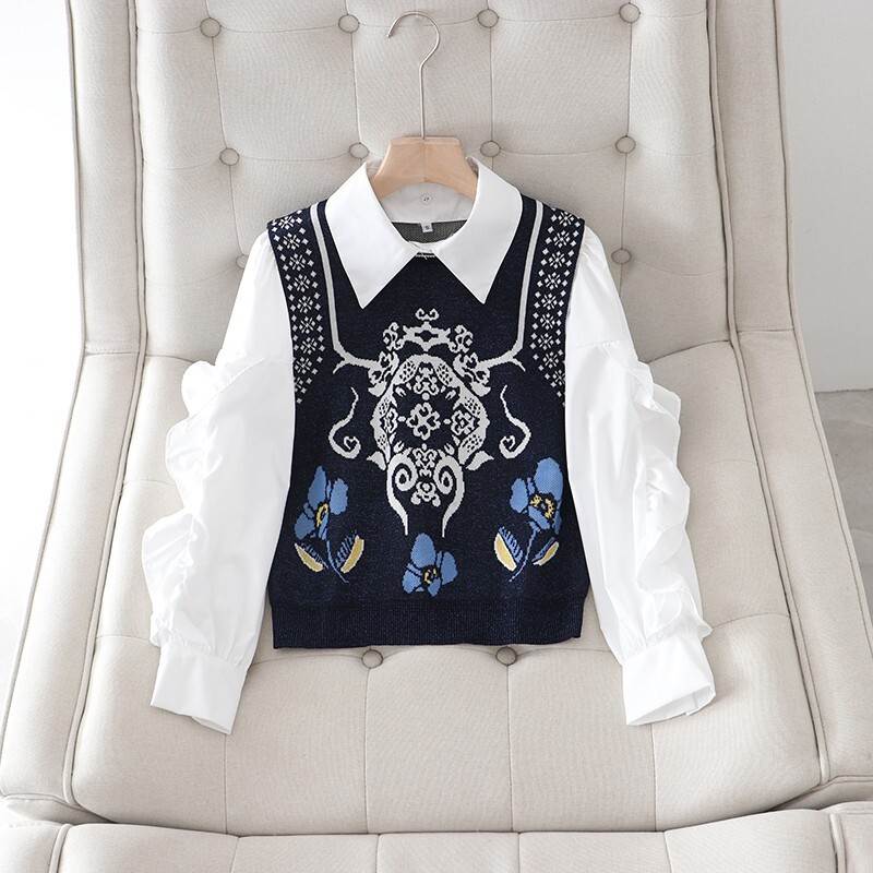 クーポン有ブラウス ニット トップス レディース 個性的 秋 冬 長袖 襟付き レギュラーカラー ドッキング ホワイト 白 柄あり S M L イベント 1枚で決まる 高見え 格上げ 合わせやすい 目