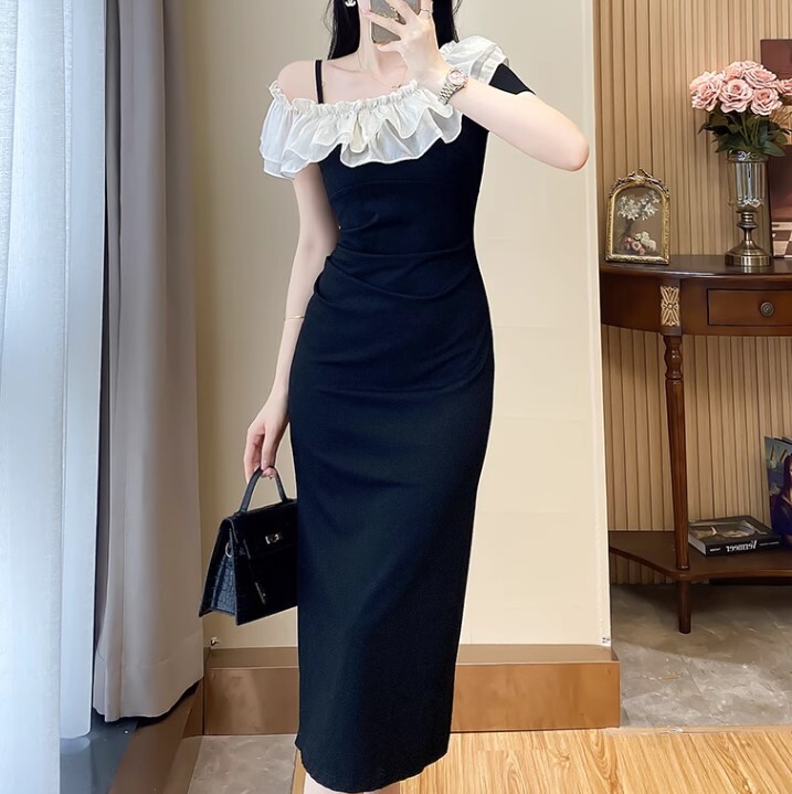 ワンピース パーティードレス イブニングドレス ワンピドレス ロング丈 袖あり Vネック サスペンダー かわいい 大人可愛い きれいめ カジュアル 大人 上品 おしゃれ お洒落 かっこいい 大人女子