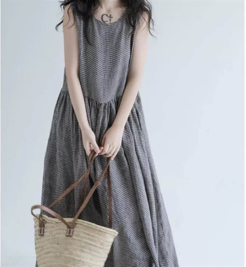 チェック Aライン ママ 夏 い ラウンドネック ワンピース フレアワンピース 女子 インスタ映え カジュアル 体型カバー 10代 ロング丈 きれいめ ゆる デート ウエスト 楽ちん ノースリーブ 2