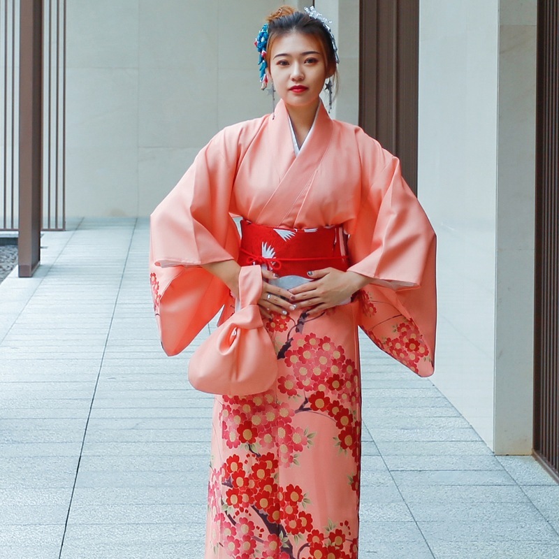 オレンジ定位梅小紋和服改良版和服女性伝統和服正装セット