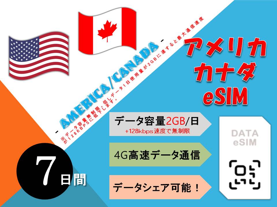 アメリカ　カナダ eSIM プリペイドSIM SIMカード 1日2GB利用 7日間 4G LTE データ通信のみ可能プリペイドeSIM テザリング可能