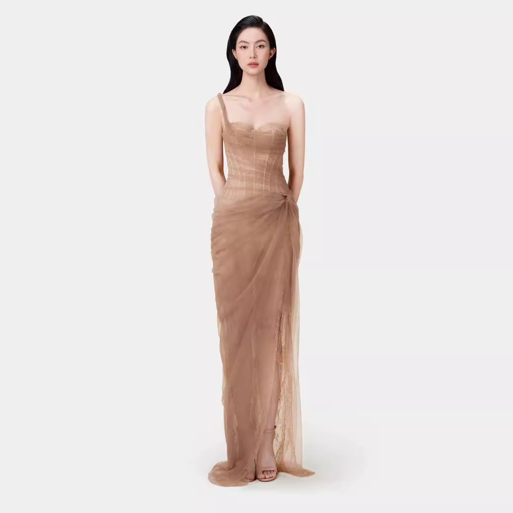ドレス セクシー レース ソリッドカラー ワンショルダー ガウン ドレス
