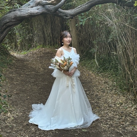 実例写真！ウエディングドレス ツーピース キャミソール オフホワイト Vネック 妊婦 クレープ生地 結婚式 前撮り