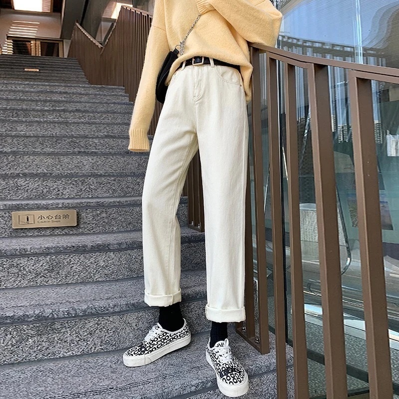 ベージュストレートジーンズ女性新しいハイウエスト細い百アlプリコット緩いワイドパンツ