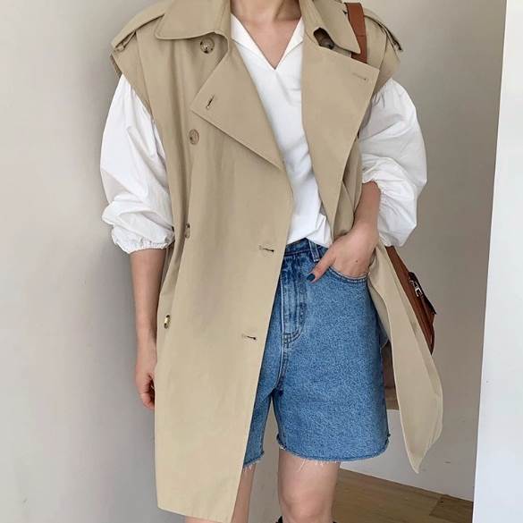 トップス ベスト ジレ トレンチジレ ロング丈 袖なし 襟付き 前開き ボタン かわいい 大人可愛い きれいめ シンプル 大人 上品 おしゃれ かっこいい 大人女子 レトロ こなれ感 ラフ クール メ