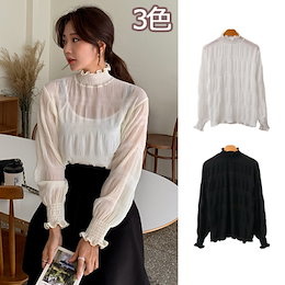 【ENVYLOOK】👗韓国ファッションカジュアルECサイト1位 ENVYLOOK💖ゴムシャーリングハイネックしわブラウス💖3COLOR♥送料無料