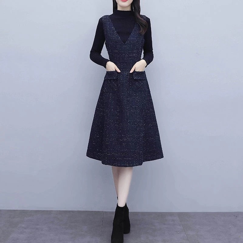 セットアップ レディース 秋冬新作 長袖ニットトップス ラシャ サロベットスカート Vネックワンピ 4,888円