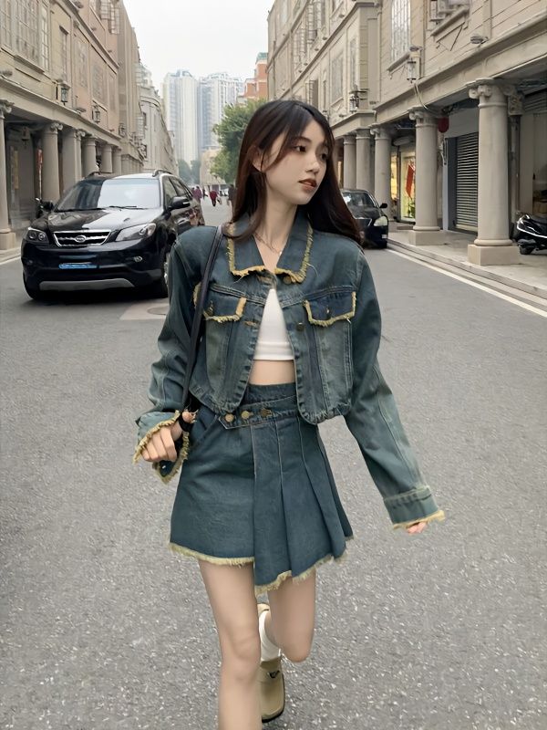 アメリカン ギャル ショート丈 デニムジャケット イレギュラー プリーツスカート 2点セット レディース セットアップ 上下セット813