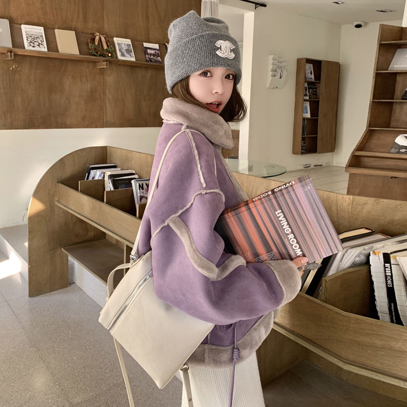 ハイエンドのパープルファーオールインワンスエードジャケット小さな新しい冬肥厚オートバイコットンジャケット