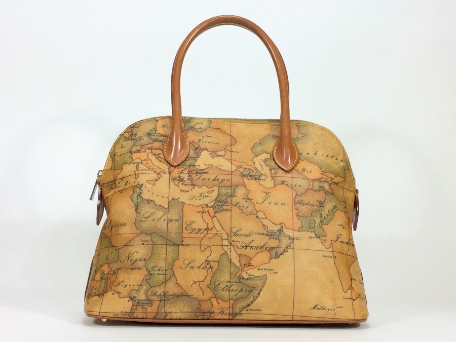 ハンドバッグ レザー ブラウン 地図柄 【中古品】