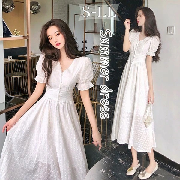 パフスリーブ ワンピース レディース Vネック 大人可愛い 夏ワンピ シアー感 ホワイト 白 半袖 おしゃれ かわいい リゾート 小柄 二次会 入学式 bi106zezec6
