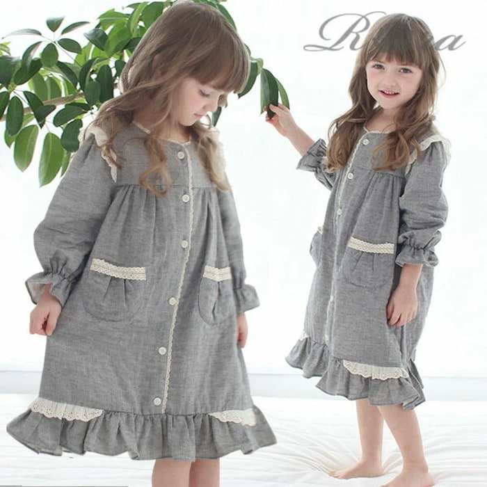 キッズ パジャマ 女の子 ジュニア 通販 ワンピース 10006251 パジャマドレス ナイトドレス ルームワンピース 長袖 ポケット レース フリル おしゃれ かわいい オシャレ 可愛い ワンピ ル