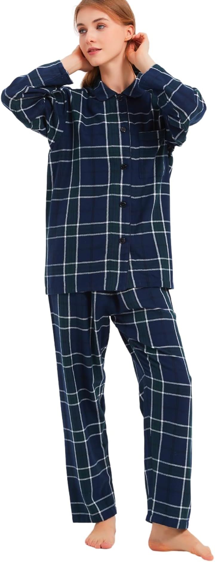パジャマ レディース コットンフランネル 春 秋 薄手 前開き 長袖 おしゃれ シンプル 寝巻き パジャマセット 上下セット レディースパジャマ 綿 入院( ネイビー/グリーン, L) 5,180円