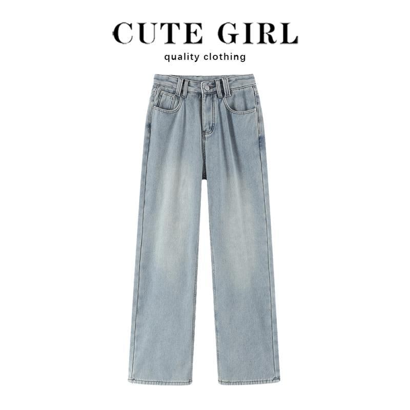 パンツ デニムパンツ レディース カジュアル ボトムス レトロ ブルー ベルベット ジーンズ ホット ワイド レッグ ストレート 秋冬 ハイウエスト スリム用