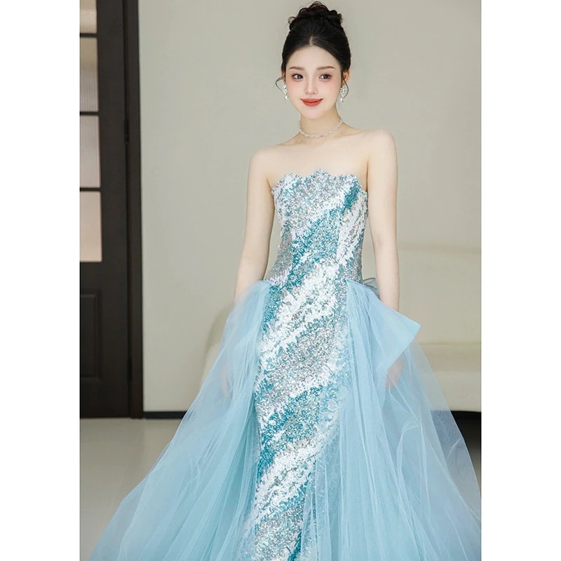 ブルー重工業イブニングドレス気質スパンコールストラップレステールブライダル婚約パーティードレスワンピースドレスその他 ワンピースドレス